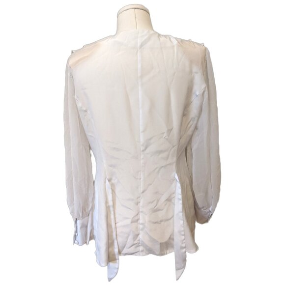 Vintage 80s White Blouse Ruffle Collar Sheer Sleeve Button Up Shoulder Pads Sz L - Picture 7 of 9